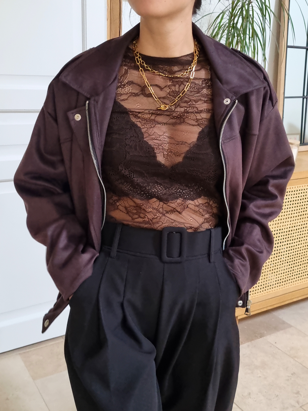 Veste bomber Gabrielle oversize en suède - chocolat