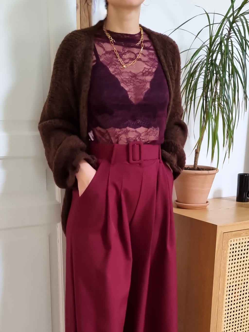 Top dentelle manches longues - Eos bordeaux