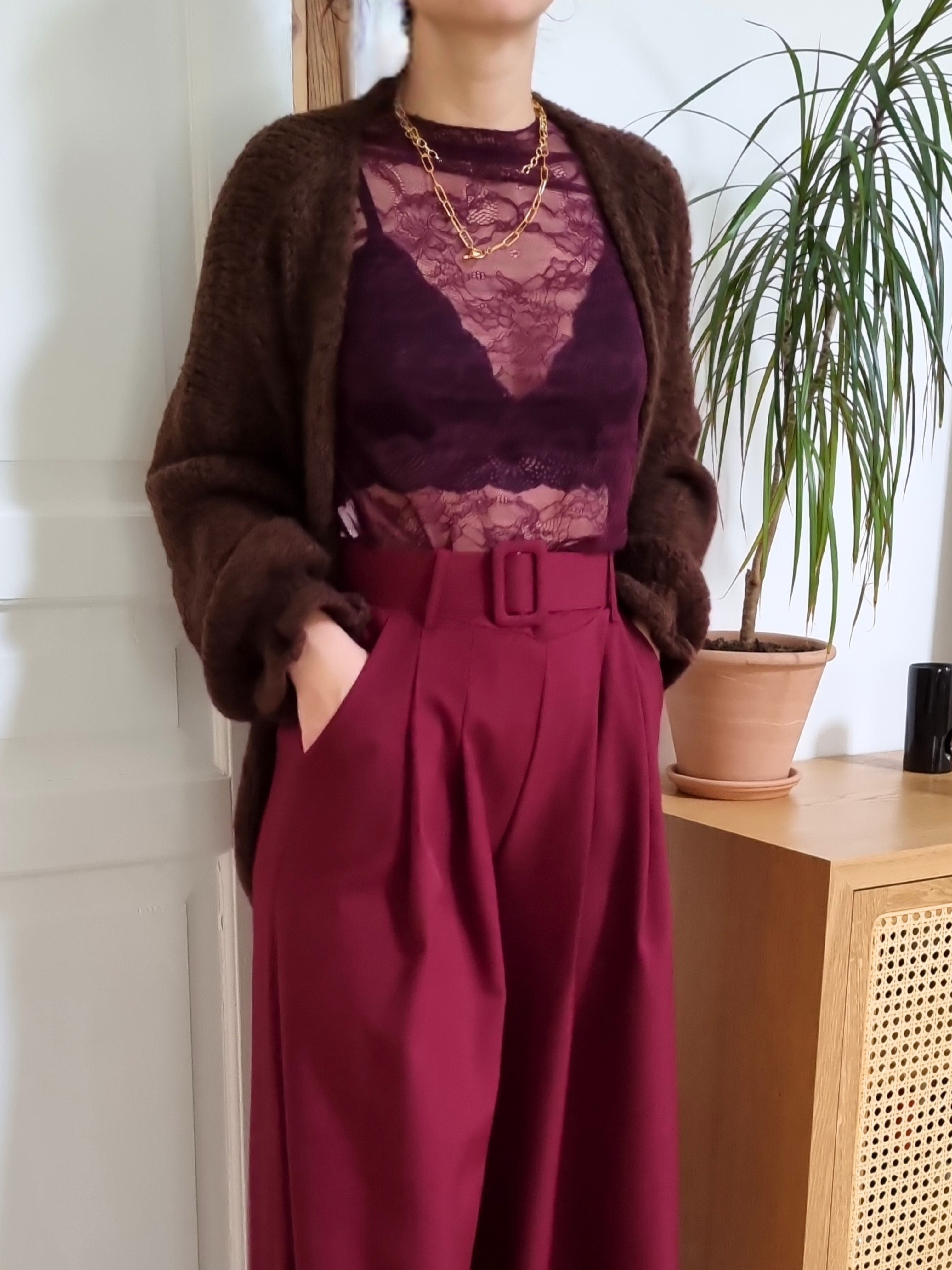 Top dentelle manches longues - Eos bordeaux