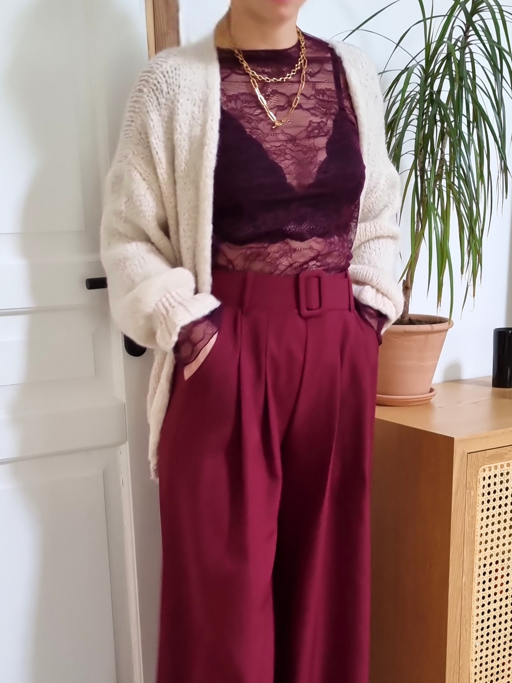 Top dentelle manches longues - Eos bordeaux