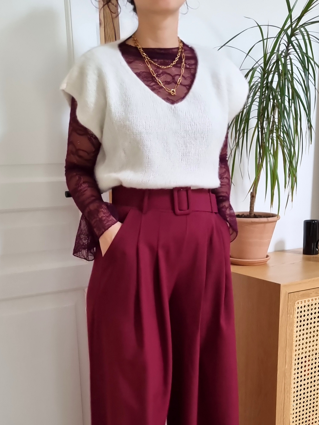 Top dentelle manches longues - Eos bordeaux