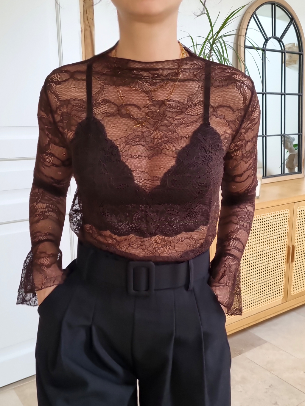 Top dentelle manches longues - Eos marron foncé